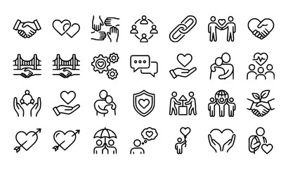 Fototapeta premium Line icons depicting various aspects of love partnership and community