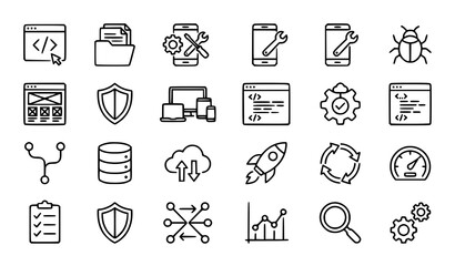Fototapeta premium Collection of 20 line icons related to software development coding and technology