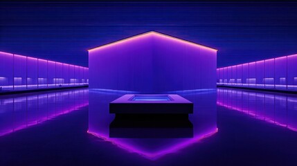 Symmetrical futuristic interior space illuminated by intense violet lighting creates dramatic reflections on the polished floor