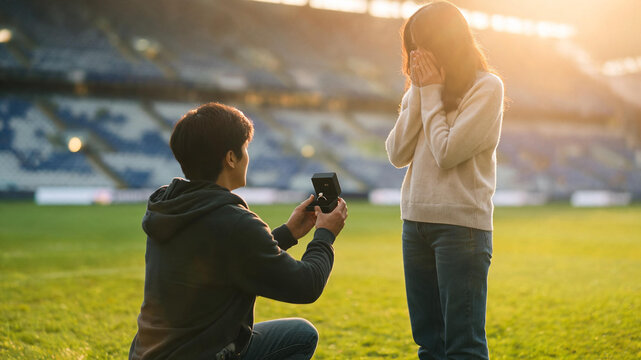 Man kneeling football pitch proposing woman ring box surprised 
romantic stadium golden hour world cup marriage concept