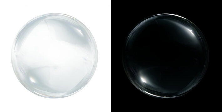 Soap bubble with pink reflective highlights and transparent realistic surface. Isolated overlay PNG on split background.