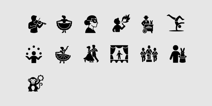 Icon set collection of entertainment, performance, circus arts, and music, representing magic, dance, juggling, and lively creative stage shows.