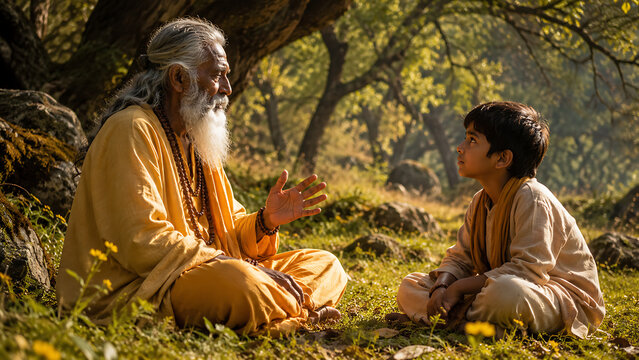 Guru purnima hindu relegious festival elder teacher guiding young disciple in forest ashram garden with warm sunlight and peaceful devotion spiritual lesson