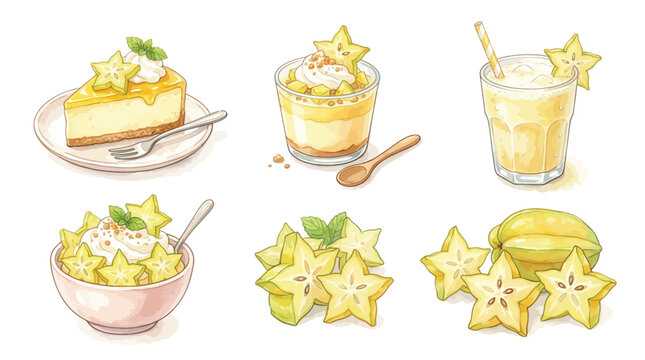 A delightful collection of star fruit desserts and drinks, showcasing sliced star fruit, a cheesecake slice, a parfait, a smoothie, and a fruit bowl.