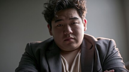 Obraz premium Workplace impostor syndrome young adult East Asian plus size man brave