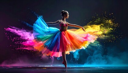 Woman in colorful dress dancing freely.