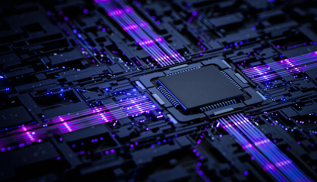 High-Tech Processor Chip Circuit Board with Data Flow. Technology concept. Copy space for design