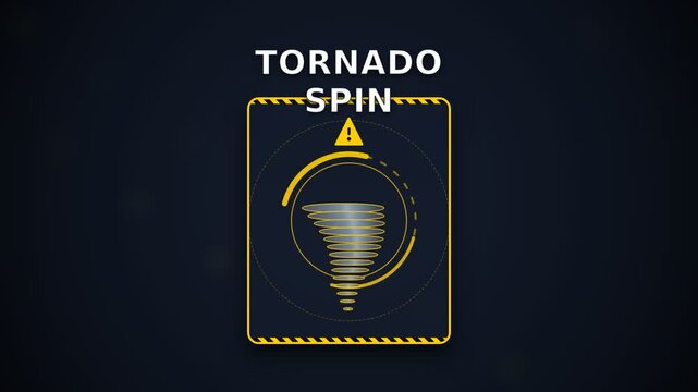 Tornado Spin storm alert animation. Motion graphics with rotating funnel and warning ring on dark storm-blue background. Weather broadcast title card for emergency alert system