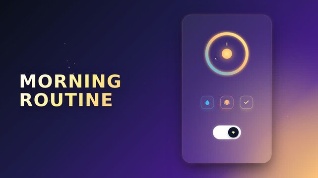 Morning routine card animation with sunrise glow and toggle activation. Motion graphics UI concept with warm gradient background. Dynamic vertical video for mobile app presentations and social media