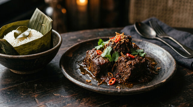 Traditional Asian slow cooked beef rendang in a luxury dark aesthetic setting