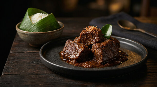 High end restaurant style Indonesian beef rendang with jasmine rice backdrop