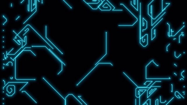 Abstract digital circuit board pattern with glowing blue lines on dark background.