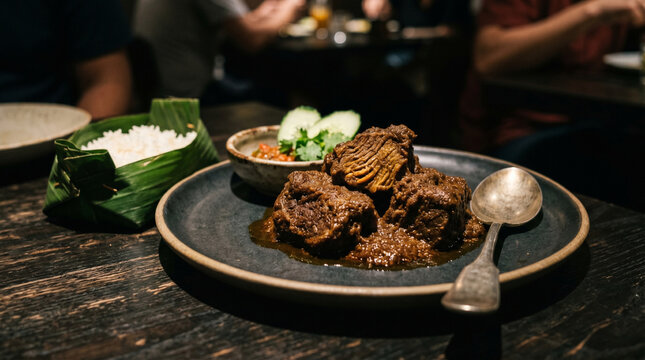 Authentic Indonesian beef rendang slow cooked in rich caramelized spices
