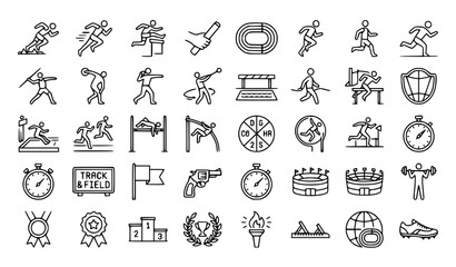 Athletics icon set running track and field sports equipment line art © Nirob