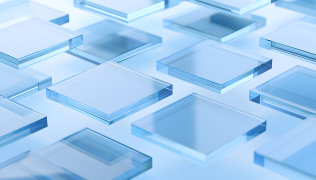 Achromatic blue glass floatings for tech contexts. Cloud computing themes, corporate IT web layouts, or futuristic UI designs for mobile apps. Three-dimensional visualization