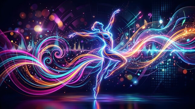 Graceful female ballet dancer performing an artistic routine surrounded by vibrant glowing neon light streaks and swirling musical notes that emphasize rhythmic 