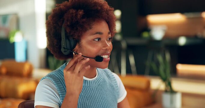 Freelancer, headset and black woman with computer for telemarketing, talking or policy premium. Smile, remote work and sales agent with insurance info, lead generation or explain coverage at home