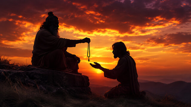 Silhouette of teacher offering prayer beads to disciple during guru purnima hindu religious festival on mountain at dramatic sunset