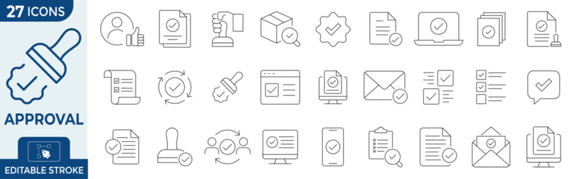 Approval line icons set, 27 thin stroke vector symbols of quality check and verification, business document validation and rubber stamp icons