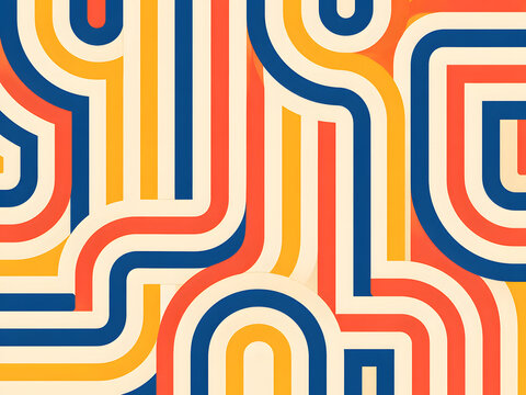 Retro 70s geometric abstract pattern with colorful interlacing stripes and groovy vintage vibes for creative background design