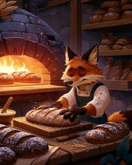 Fototapeta premium Charming Fox Baker Prepares Fresh Bread by a Warm Brick Oven