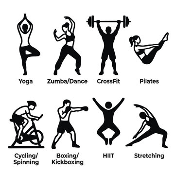 Fitness classes silhouette icon set. Workout and exercise types with labels. Yoga zumba crossfit pilates cycling boxing hiit stretching vector illustration