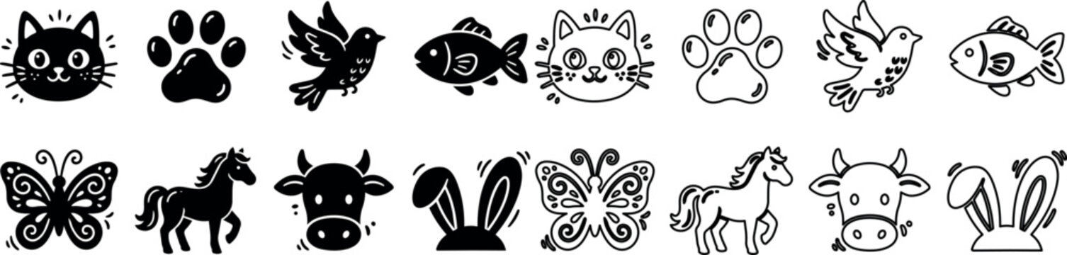 Set of black and white animal and insect icons including cat, paw print, bird, fish, butterfly, horse, cow, and rabbit ears