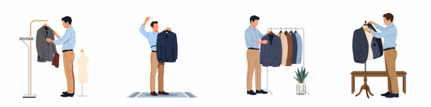 Vector illustration of a man shopping for formal suits, browsing a collection of jackets on racks, and fitting clothes at a boutique tailor.