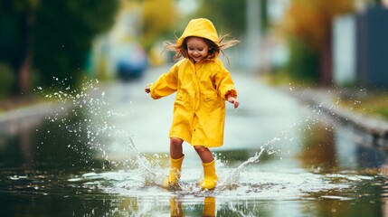 Fototapeta premium Playful young female child jumping in a puddle on a rainy street wearing yellow rubber boots and raincoat, enjoying outdoor rain weather, childhood fun, energy, motion, and urban wet environment