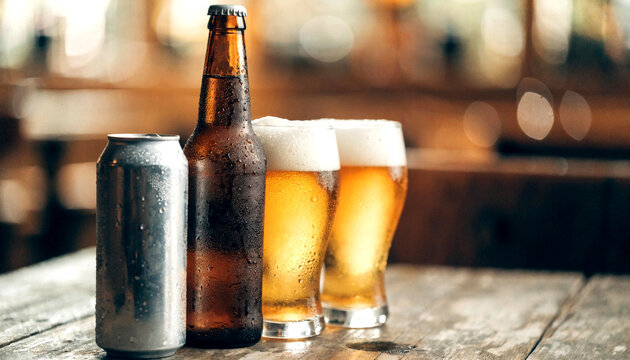 Cold Beer Can and Bottle with Frothy Glasses on Wooden Table