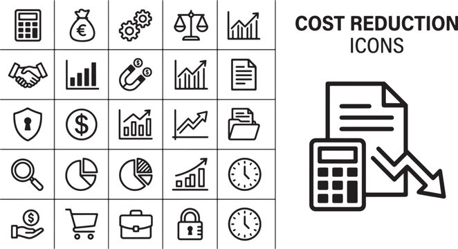 Cost reduction and financial business icons set featuring line art symbols for accounting data analysis and management