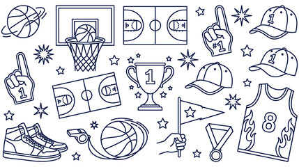 Basketball sports championship elements and game equipment line art icons. © Amina