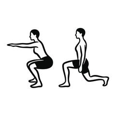 Fototapeta premium Squats and lunges exercise line art. Female workout form and technique poses. Minimalist vector illustration isolated on transparent background