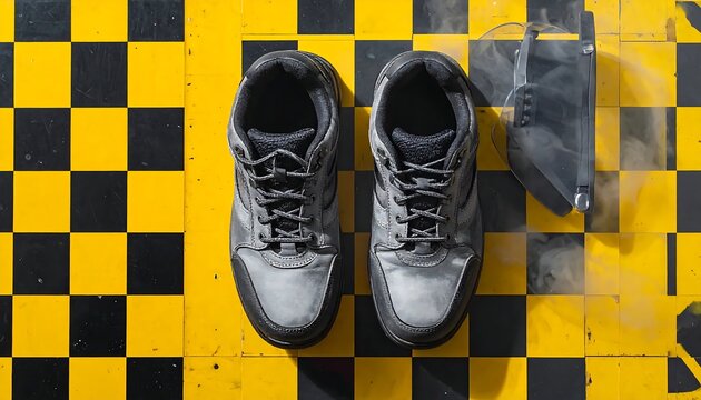 Black Safety Boots and Clear Face Shield on Yellow Checkered Industrial Floor