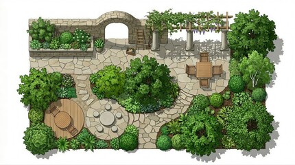 Fototapeta premium Garden courtyard pergola pathway illustration set with tables chairs shrubs outdoor decor