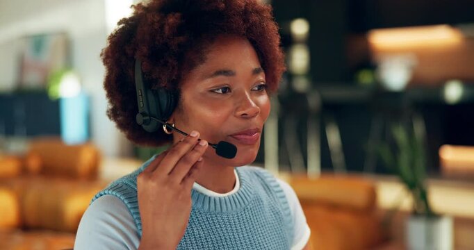 Freelancer, headset and black woman in home for telemarketing, talking or policy premium. Smile, remote work and sales agent with insurance info, lead generation or explain coverage at apartment