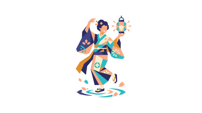 Happy Japanese Woman in Traditional Kimono Dancing with a Lantern in Geometric Vector Style