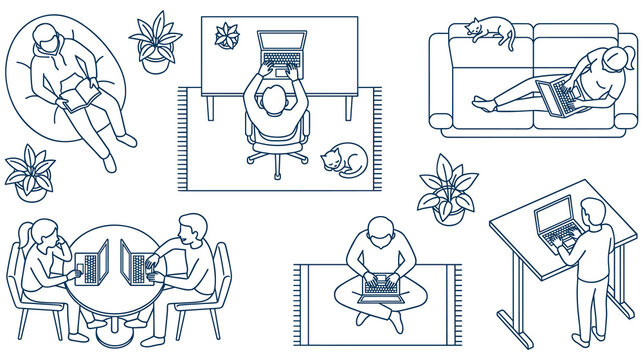 People working remotely from home with laptops and plants.