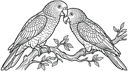 Two parrots perched together on branch vector black and white line art. © Amina