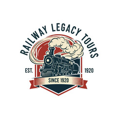 Railway Legacy Tours emblem with vintage steam locomotive and smoke. © Glass