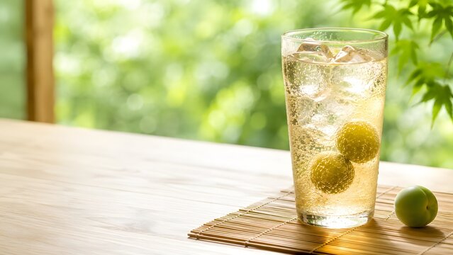 ガラスのグラスに注いだ梅ソーダと炭酸の泡 夏の冷たい飲み物
