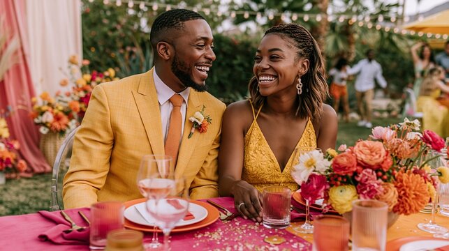 Outdoor wedding table scene with bold color blocking, statement blooms, and a relaxed couple sharing a laugh beside a unique themed backdrop. Add confetti, string lights, and energetic guests for a