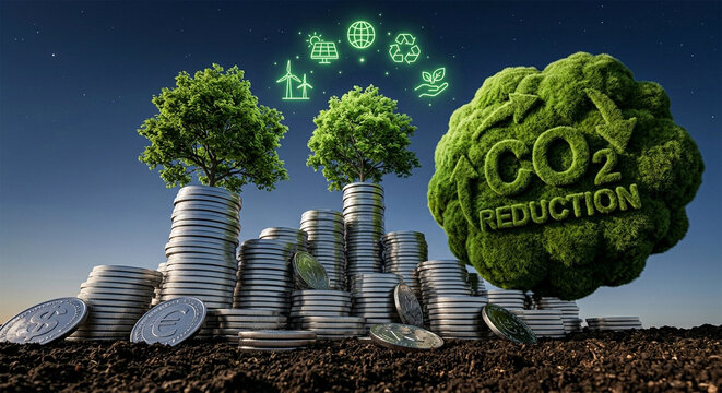 Growing trees on stacked money coins with glowing eco icons and CO2 reduction concept, Green investment and ESG finance strategy with environmental conservation symbols.