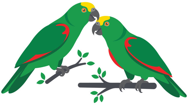 Two green parrots perched on branches with red accents.