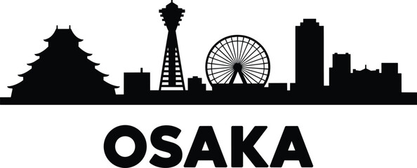 Osaka city skyline silhouette vector, japan's vibrant urban landscape with iconic landmarks like castle and tsutenkaku tower and ferris wheel and far © pyenga