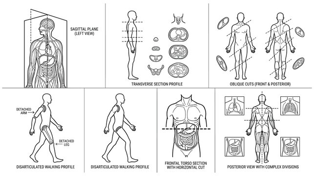 Medical illustration depicting human body sections and anatomical planes.
