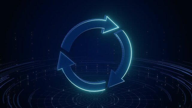 Glowing 3D blue digital recycle icon rotating on a futuristic data grid background. Ideal for e-waste presentation backdrops, green tech broadcast openers, and sustainability website hero animations.
