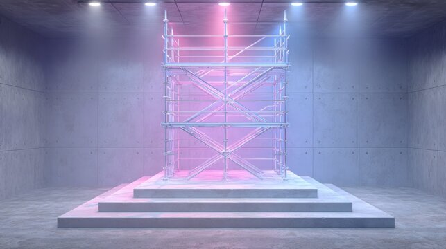 Metallic construction framework rests upon a tiered concrete platform illuminated by pink and blue uplighting within an empty chamber