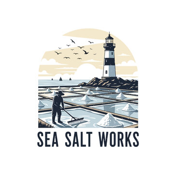 Sea salt works logo with lighthouse and salt flats production.