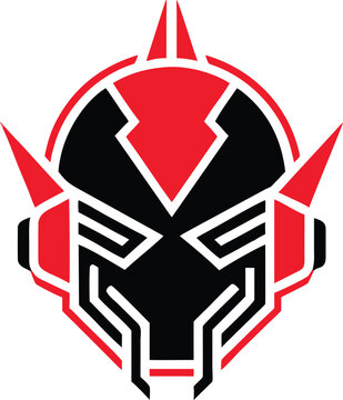 Striking black and red futuristic robot head illustration designed for modern technology and dynamic gaming applications